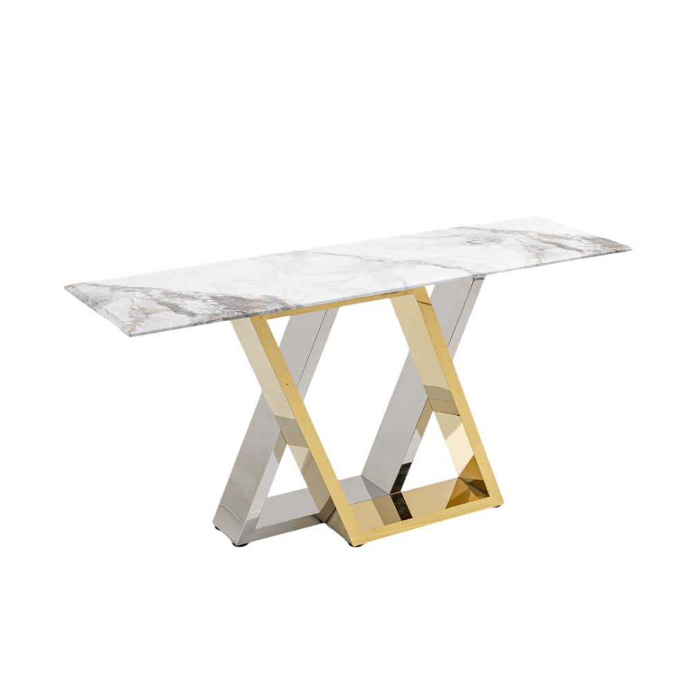 Consola Praga top marmoleado y base chrome/gold