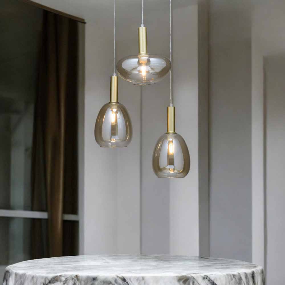 Lampara colgante 3xE27 Trace con tulipas de vidrio ambar