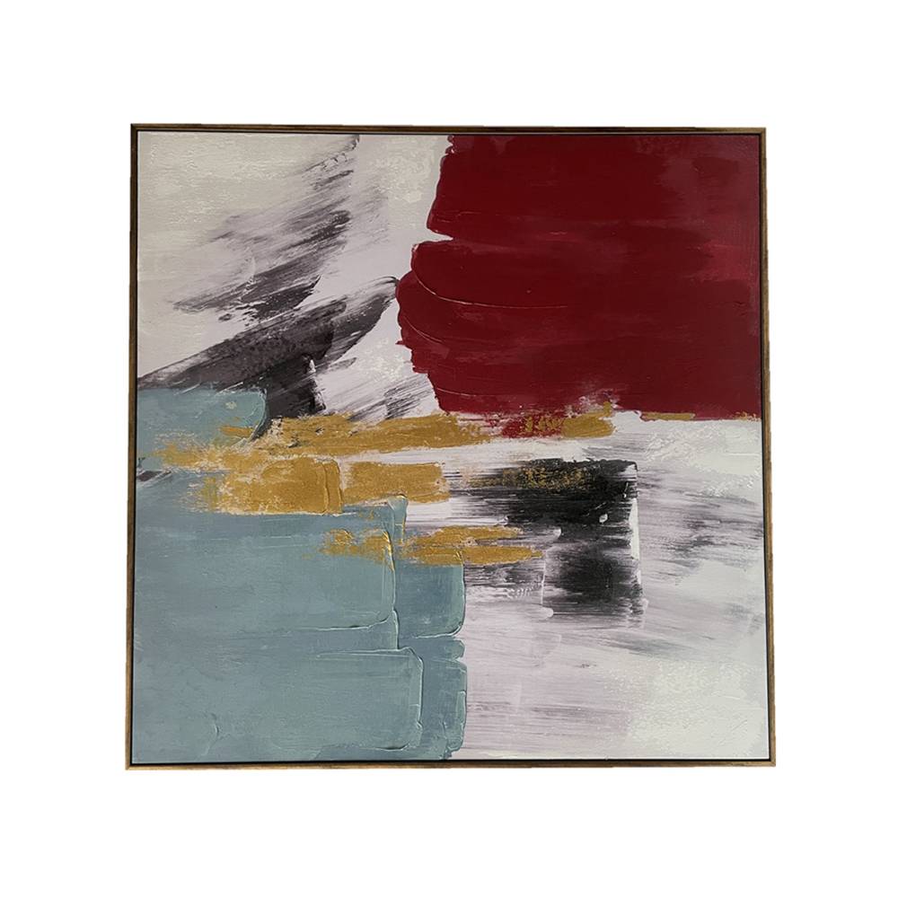 Lienzo abstracto con marco celeste/rojo/gris