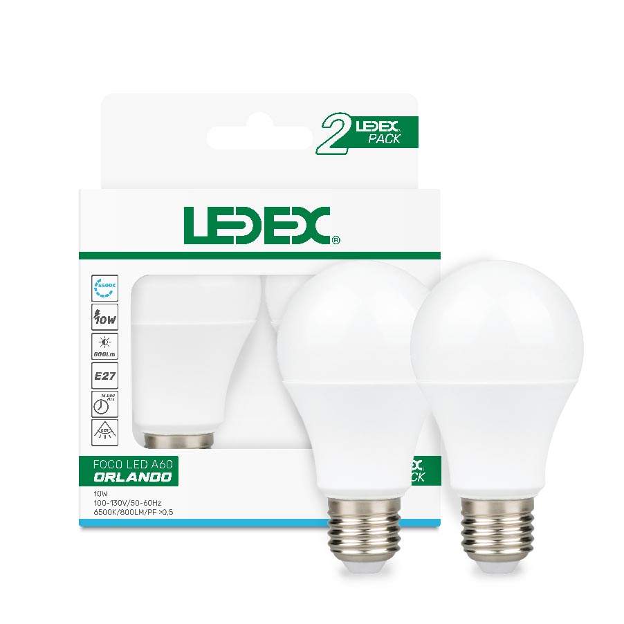 2-PACK FOCO LED A60 E27 DE 9W 6500K 800LM 100-130V/60HZ 60X113MM 15000H 180º LEDEX