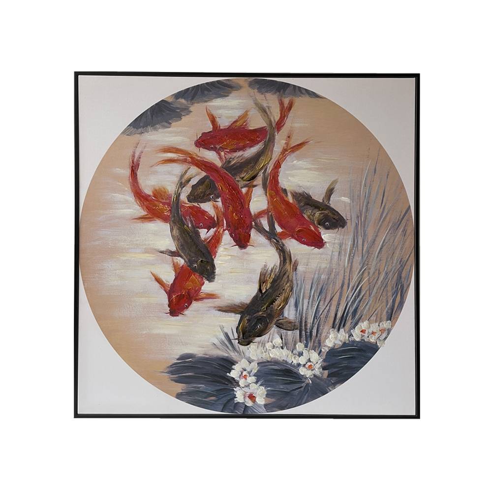 Lienzo peces Koi con marco naranja/cafe/beige