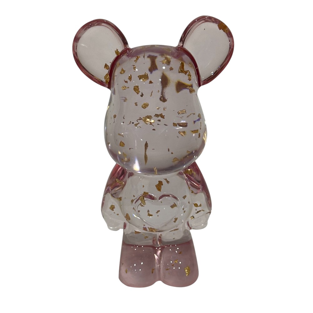 Adorno Bearbrick rosa traslucido destellos dorado 20cm