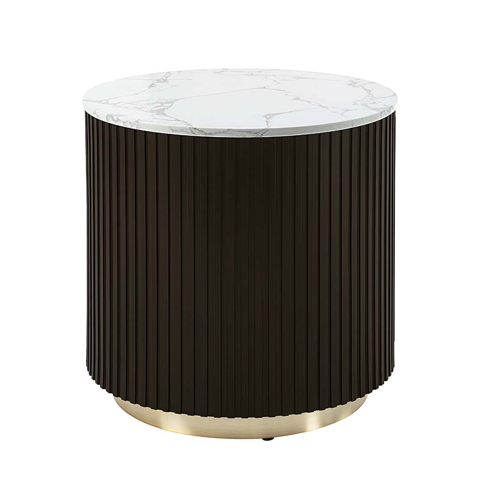 Mesa auxiliar base estriada espresso top tipo mármol blanco