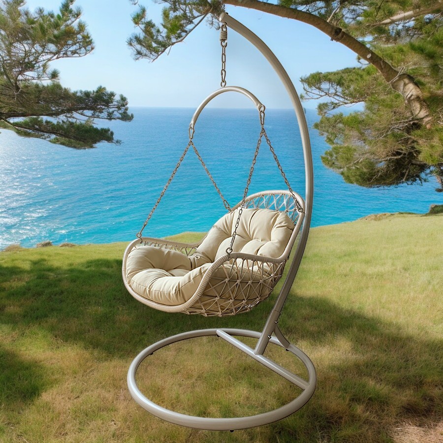 Columpio Bloom de polyrattan y acero crema + cojin