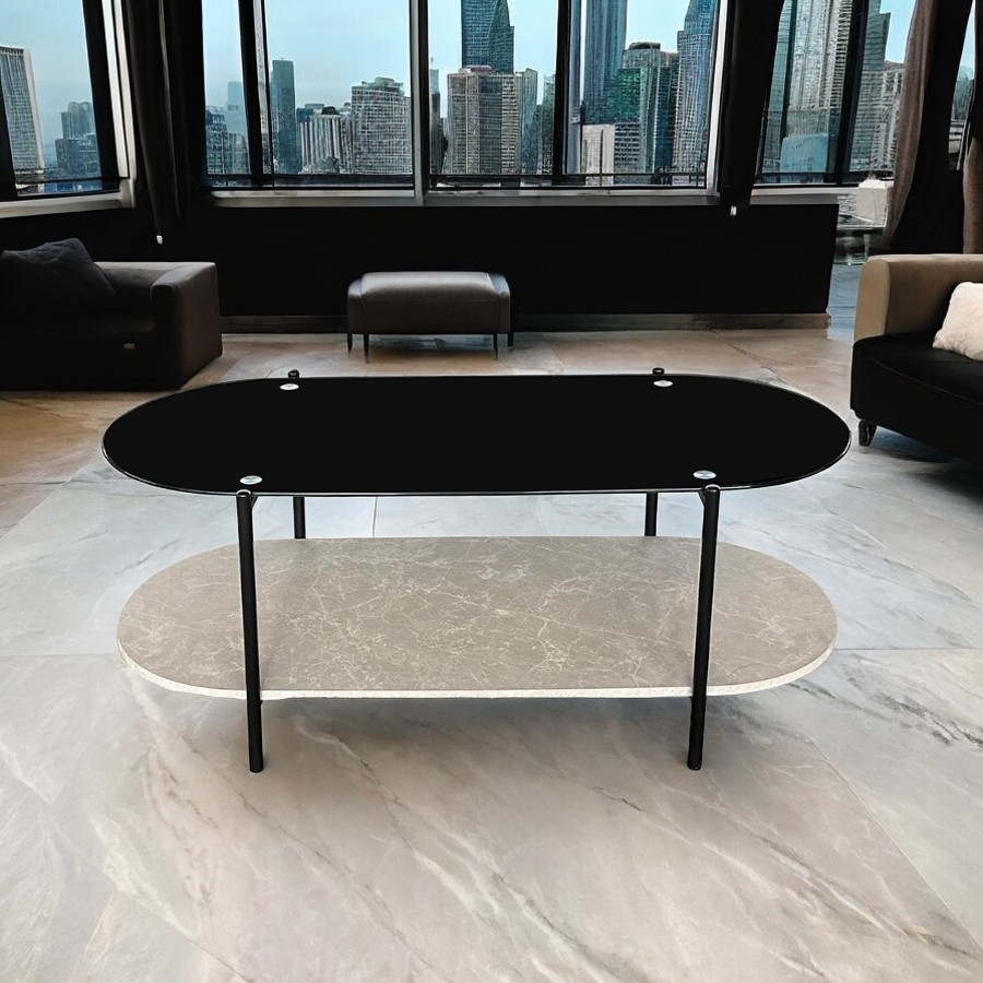 Mesa de centro doble nivel top vidrio negro