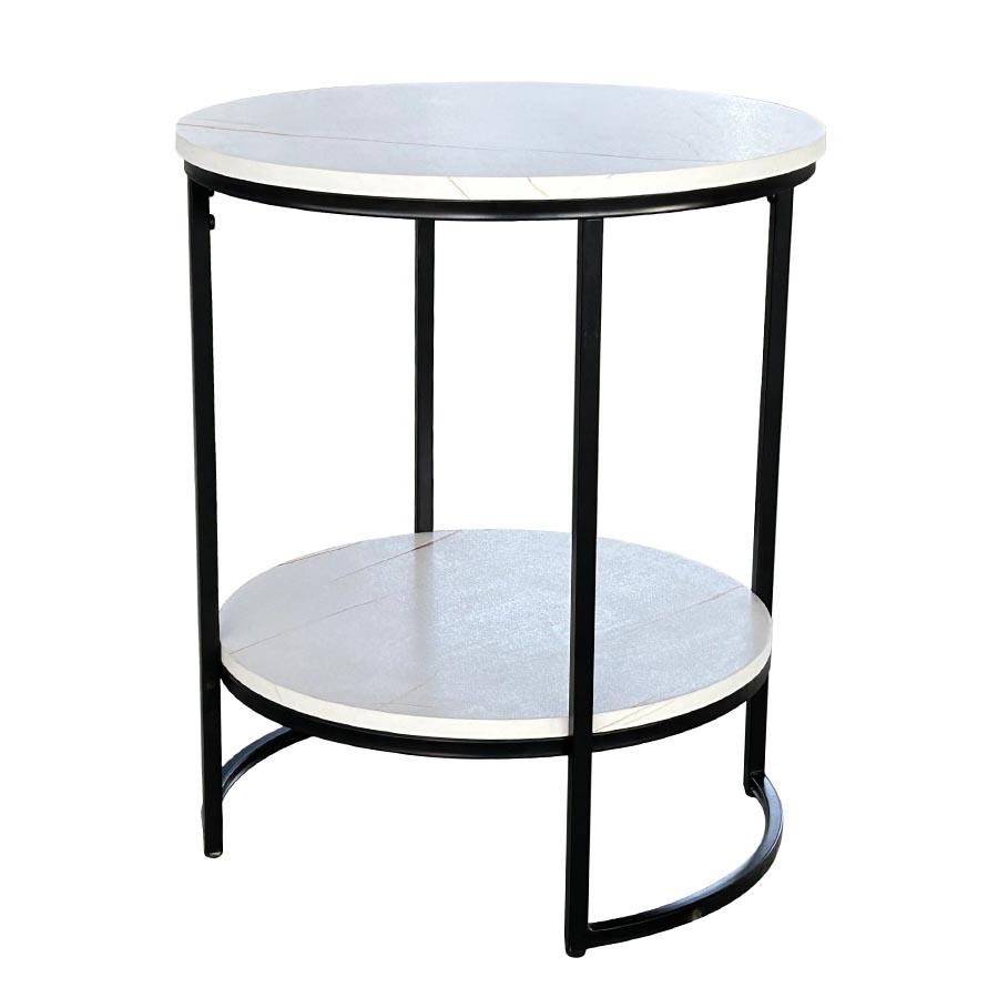 Mesa esquinera doble nivel top marmoleado blanco