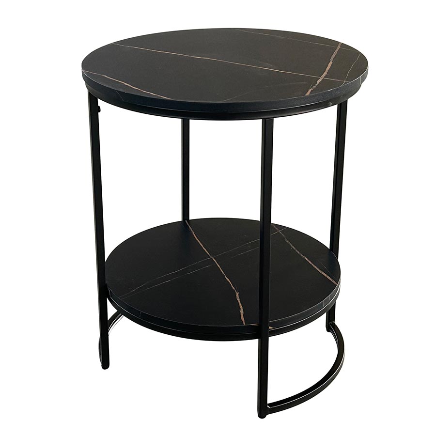 Mesa esquinera doble nivel top marmoleado negro