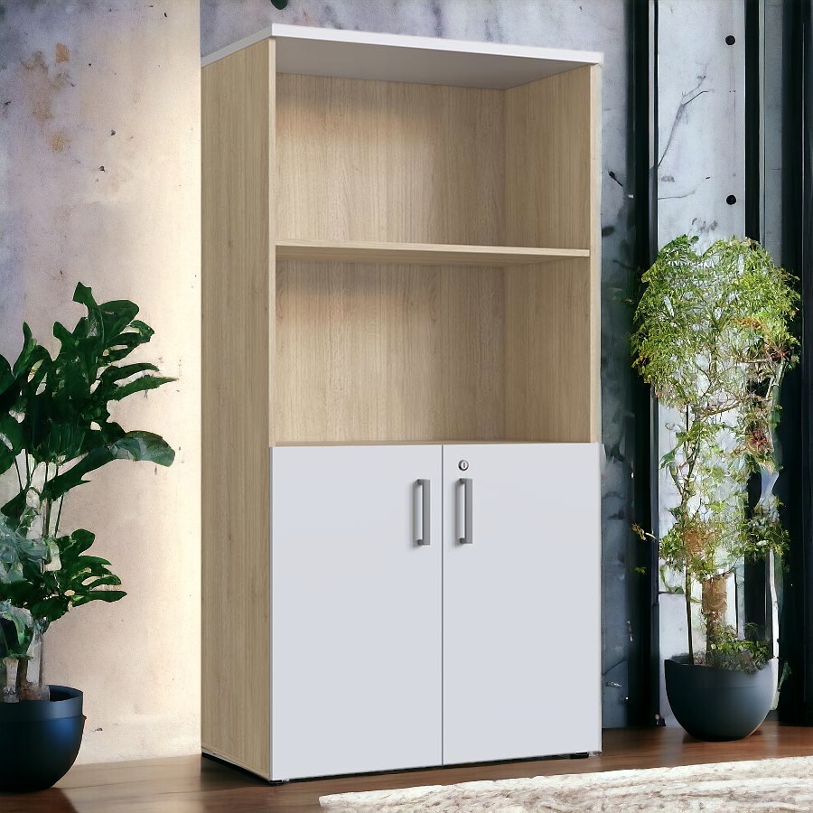 Librero blanco/roble con estantería y puerta